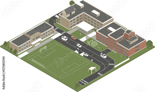 Isometric view of a school campus with buildings and a soccer field and vehicles road