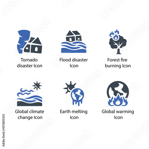 Tornado disaster, Flood disaster, Forest fire burning, climate change, Earth melting, Global warming, icon