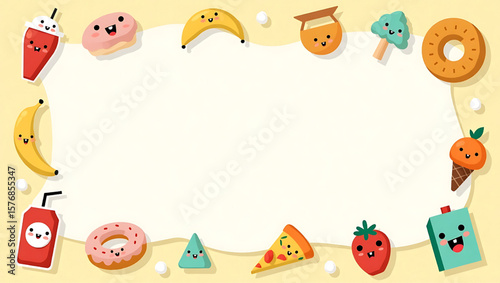 Cartoon food items with happy faces frame a blank space on a yellow background.