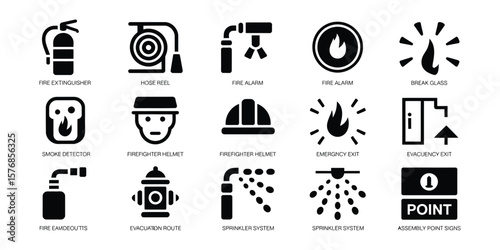Hazard Icons Set Fire extinguisher, Hose reel, Alarm, Break glass, Evacuation route