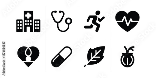 Healthcare Icons Set Hospital, Stethoscope, Running, Heartbeat & More on White