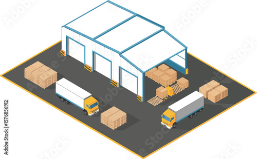 Isometric view of a warehouse with trucks and cargo boxes on a gray surface area