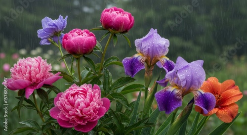 Pink Peonies and Purple Irises in the Rain