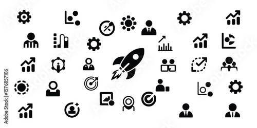 Isolated Launch Rocket with Business Icons on White, Startup Concept, Flat Symbol