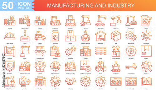 Manufacturing and Industry icon collection set. Containing industry,  Manufacturing, factory, production, conveyor, Machine, automation icon