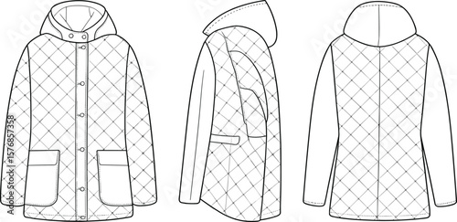 Quilted hooded women’s jacket technical flat sketch, front, side, and back view fashion drawing for apparel design illustration