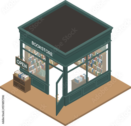 Isometric view of a small bookstore with an open sign and shelves full of books
