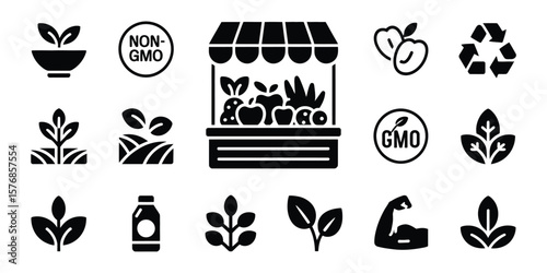 Organic farming symbols food market, nongmo, plant growing in black on white