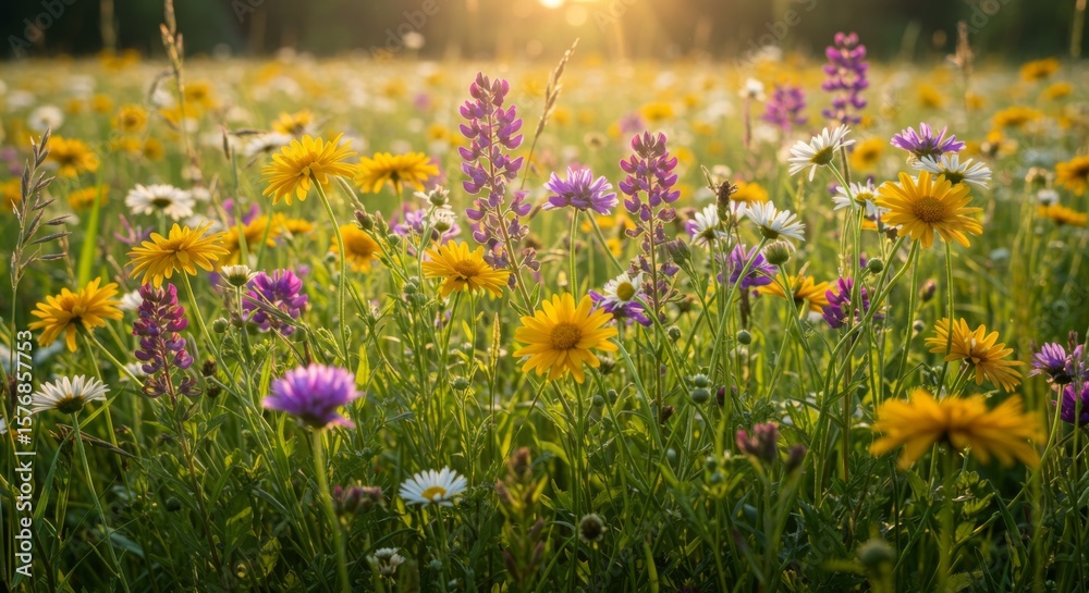 Fototapeta premium Vibrant Wildflower Meadow in Summer Sunlight