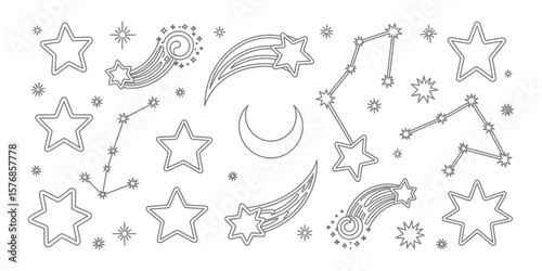 Outlined Stars, Moon, Comet, Constellations, Line Art Shapes on White Background