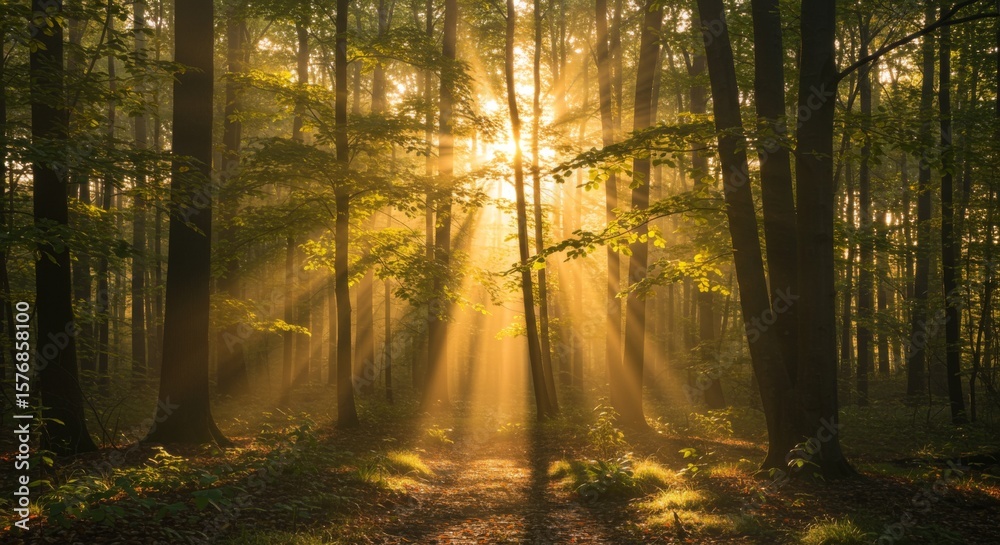 Obraz premium Golden Sunlight Rays in Misty Autumn Forest