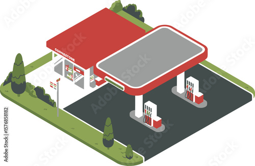 Isometric view of a gas station with convenience store and red roof design style