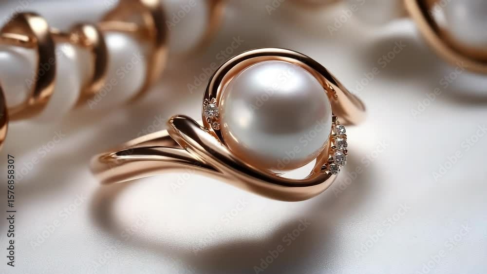 Elegant pearl and rose gold jewelry ring with sparkling accents on white background