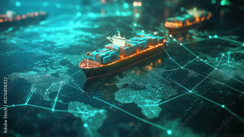 Obraz premium Global Trade and Logistics Network: Container Ship on Digital World Map