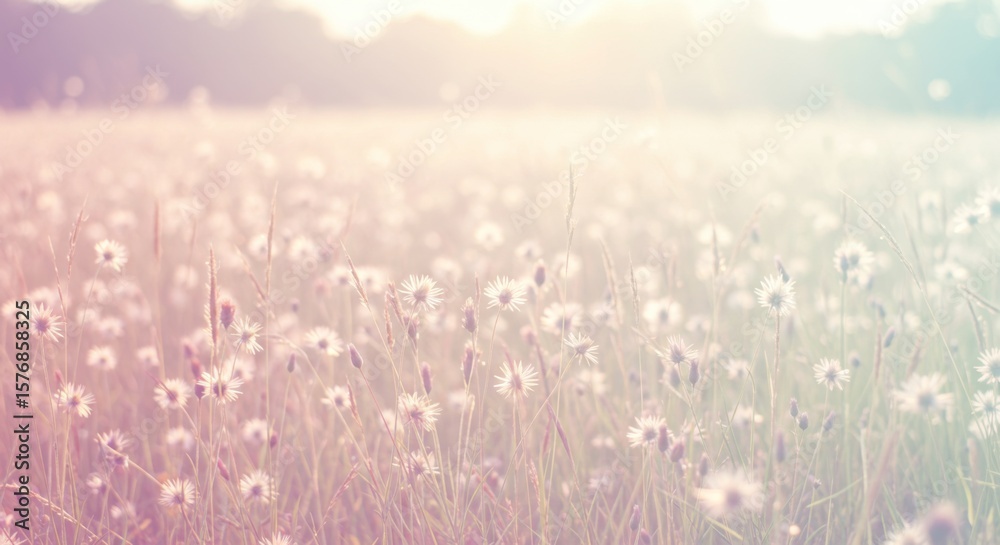 Naklejka premium Pastel Pink And White Wildflower Field At Sunset