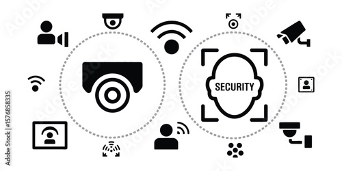 Security face identification surveillance system technology black icons
