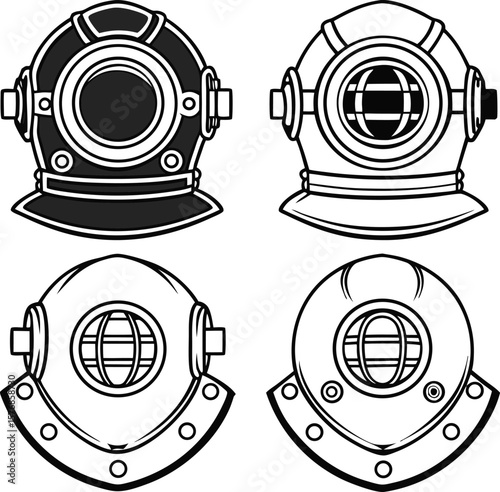 Vintage diving helmet collection isolated on white background