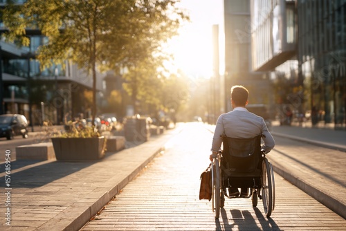 A determined young man in a wheelchair moves confidently along a modern city street at sunrise, holding a briefcase and heading toward the light, symbolizing independence and progress.
