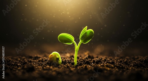 Green Seedling Emerging from Dark Soil in Bright Light
