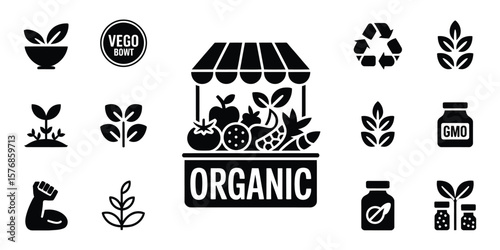 Vegan Icon Set Illustration, Farm Market Stand, Black And White Concept, Design