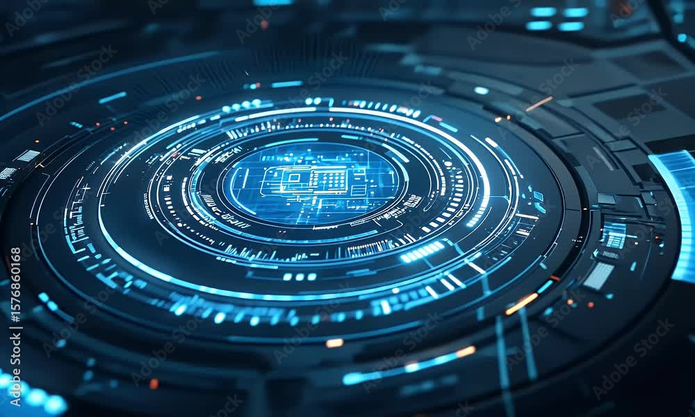 
Abstract futuristic blue technology background with glowing circular podium and hologram elements for product presentation in a virtual space, 