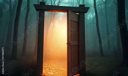 An open wooden door stands in a misty forest, with bright light emanating from the other side.