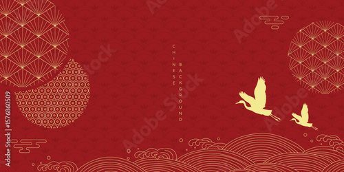Japanese minimal background vector. Wallpaper design with line pattern, crane bird, sea wave on red background. Illustration for cover, banner, website, package, deco interior.