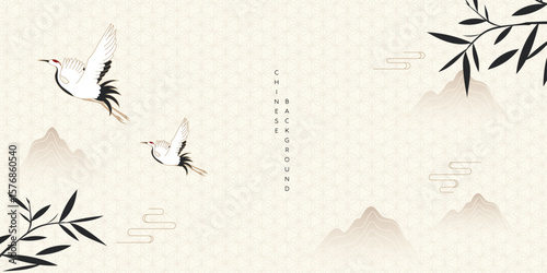 Japanese minimal background vector. Wallpaper design with line pattern, crane bird, bamboo leaves, mountain on light background. Illustration for cover, banner, website, package, deco interior.