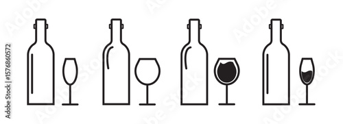 Set of wine bottle with wine glasses vector icons.ine bottle with wine glasses. Alcohol. Bottle and glasses icon set