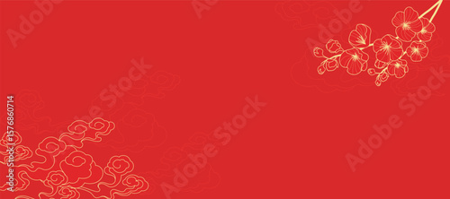 Japanese minimal background vector. Wallpaper design with gold line cloud and flower on red background. Illustration for cover, banner, website, package, deco interior.