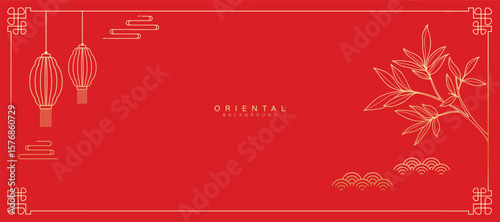 Japanese minimal background vector. Wallpaper design with lantern, bamboo leaves, frame, wave gold line art on red background. Illustration for cover, banner, website, package, deco interior.