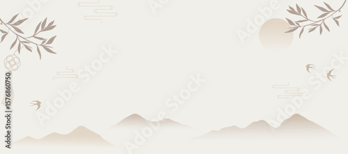 Japanese minimal background vector. Wallpaper design with mountain, sun, bird, bamboo leaves, hanging fetish on light background. Illustration for cover, banner, website, package, deco interior.