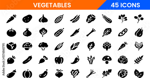 Vegetables vector icon set. Black and white food pictogram collection.