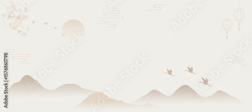 Japanese minimal background vector. Wallpaper design with wave pattern, mountain, ginkgo leaf, crane bird, lantern on light background. Illustration for cover, banner, website, package, deco interior.