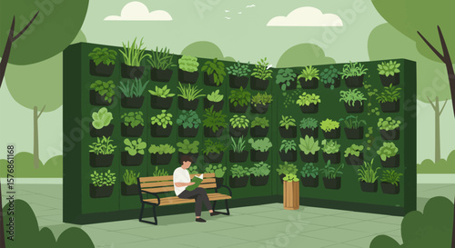 Person tending a vibrant, vertical garden wall in a tranquil park setting.