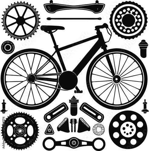 Collection of black bicycle parts and components arranged on a white background