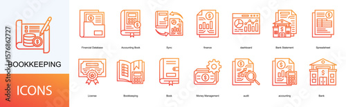 Bookkeeping icon collection set. Containing Financial Database, Accounting Book, Sync, finance, dashboard, Bank Statement icon