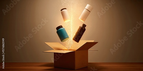 Four floating pill bottles emit a glowing light above an open cardboard box on a wooden surface against a brown background.