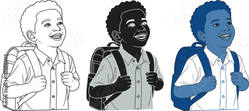 Three illustrations of a boy with a backpack looking up and smiling