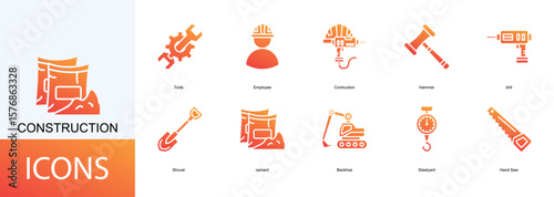 CONSTRUCTION icon collection set. Containing Tools, Employee, Hammer, drill, Shovel icon