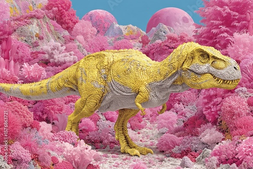 Colorful Dinosaur in Surreal Pink Landscape with Fantasy Atmosphere