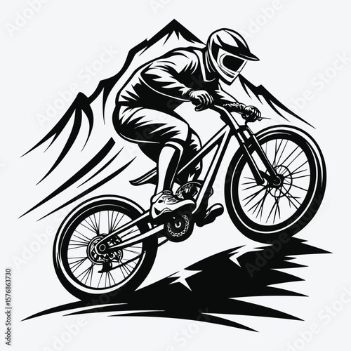 Dynamic black and white illustration of a downhill mountain biker in action