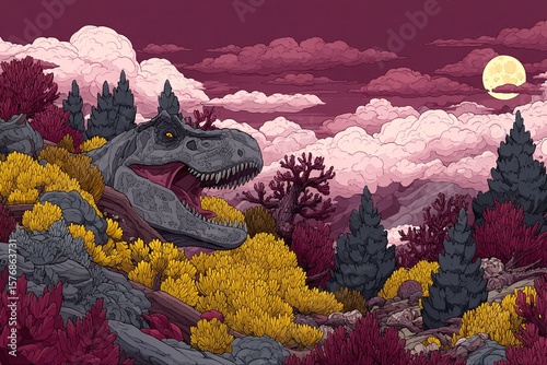 Colorful Dinosaur Landscape Under Moonlit Sky with Vibrant Foliage