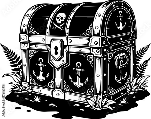 Vintage Treasure Chest Illustration Anchors, Skulls, and Pirate's Bounty
