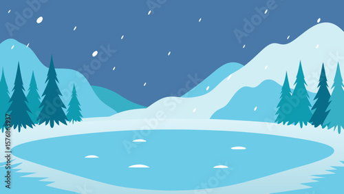 Winter Wonderland Frozen Lake and Snowy Mountains Landscape Illustration