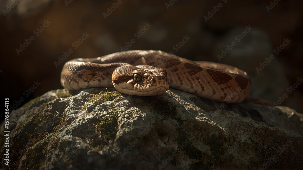Fototapeta premium Brown Snake on Mossy Rock in Warm Light