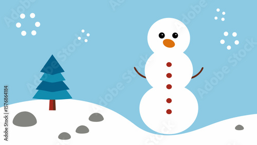 A whimsical cartoon snowman with a carrot nose and festive hat stands cheerfully in a snowy winter wonderland amidst decorated trees, ready for holiday celebrations