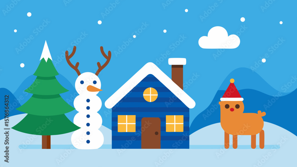 Fototapeta premium winter landscape with house and snowman