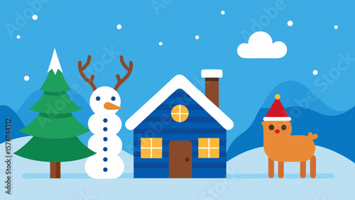 winter landscape with house and snowman