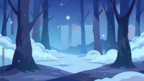 Blue winter night landscape with snow, trees, and moonlit sky